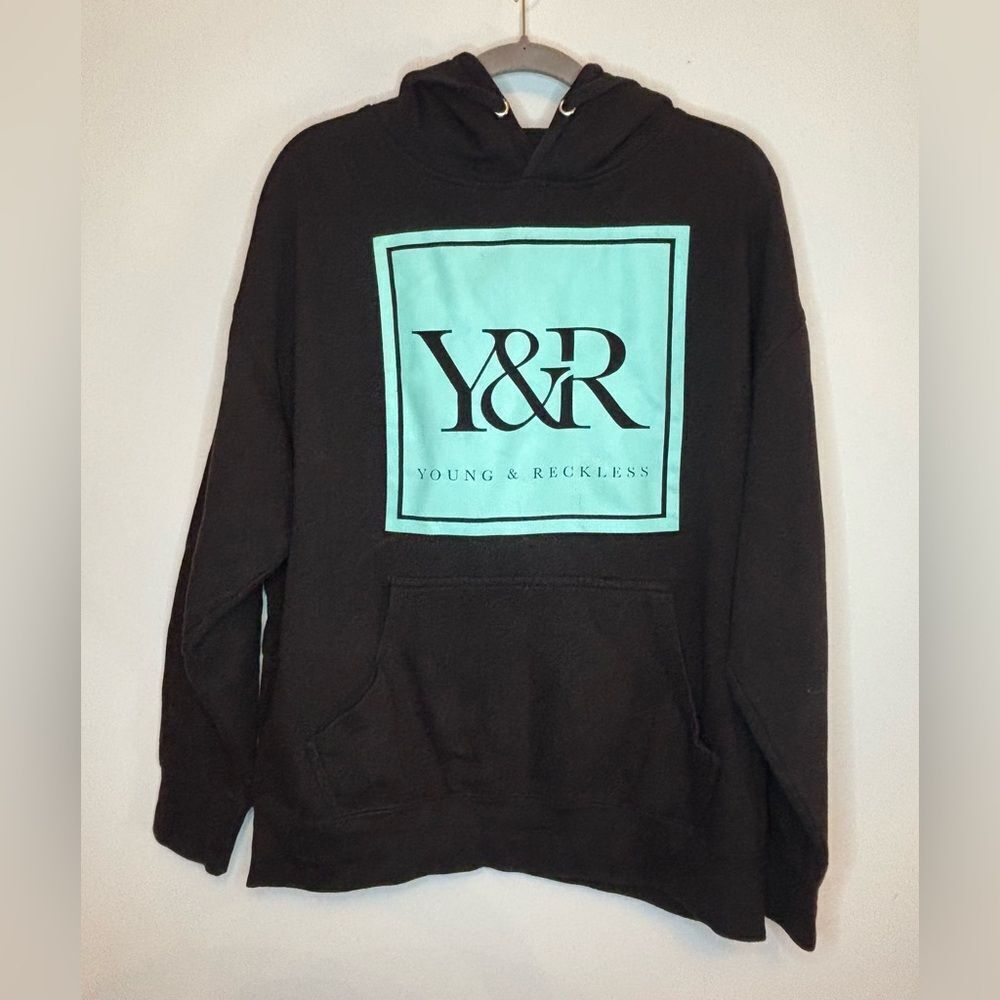 Young & reckless black/turquoise logo hooded sweatshirt Size XL